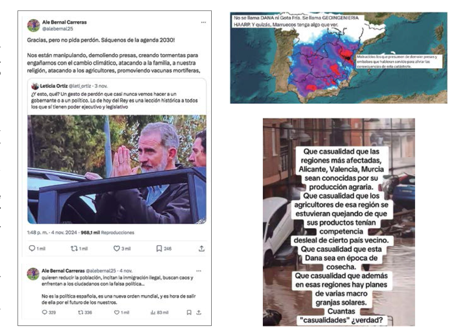 (Izda) Mensajes en la red social “X” del futbolista del Eldense, Alex Bernal: “La DANA ha sido creada por la Agenda 2030”. (Dcha) Algunos de los habituales bulos negacionistas y conspiranoicos, que también se han repetido hasta la saciedad durante la DANA (octubre 2024).
