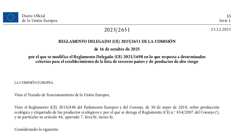 La UE amplía los criterios de riesgo y flexibiliza los controles en importaciones ecológicas mediante el Reglamento Delegado (UE) 2025/2651